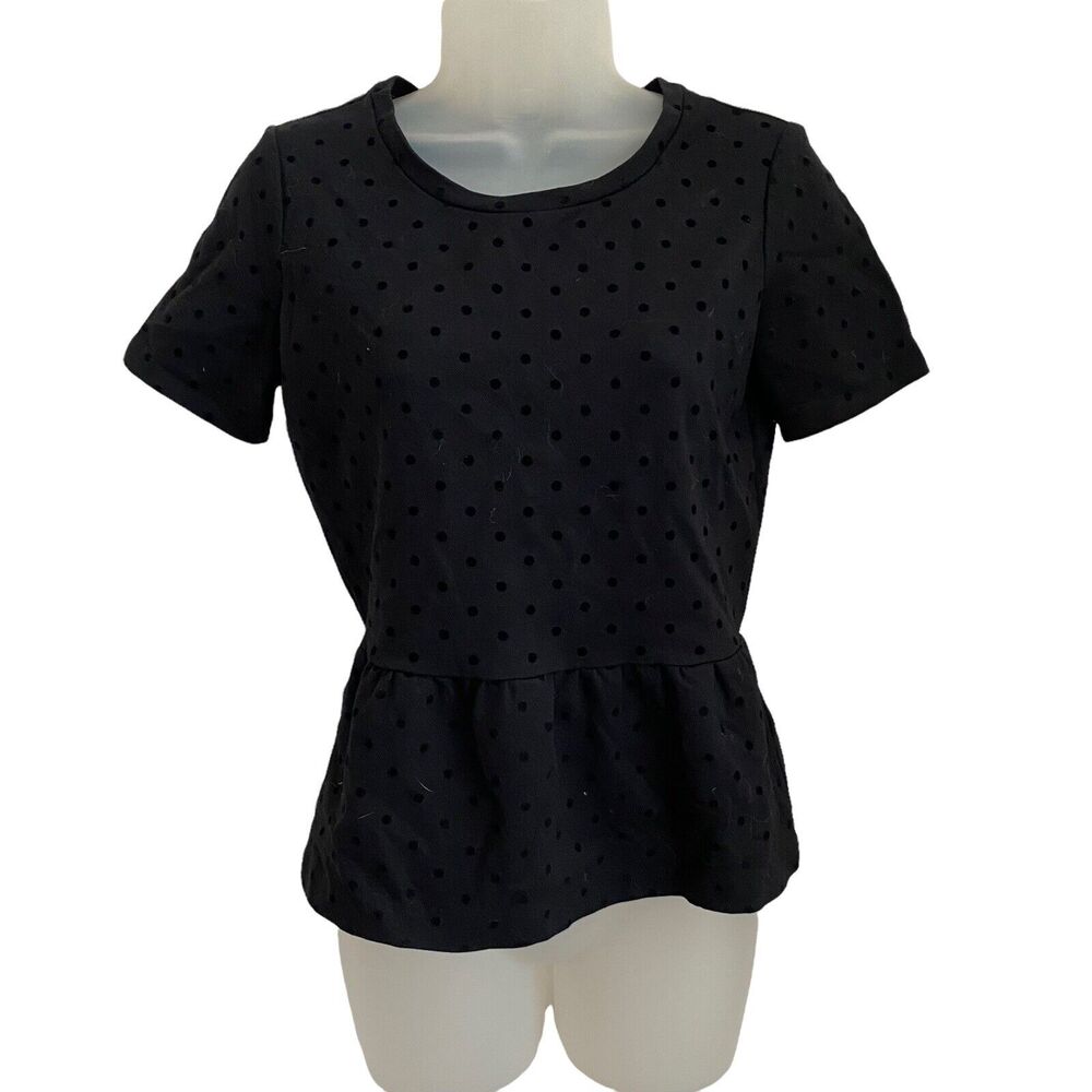 Madewell XS Blouse Peplum Polka Dot Top Black Short Sleeve Velvet